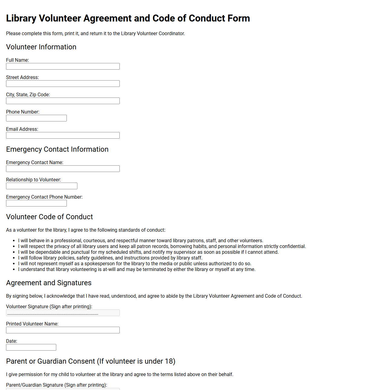 Library Volunteer Agreement and Code of Conduct Form