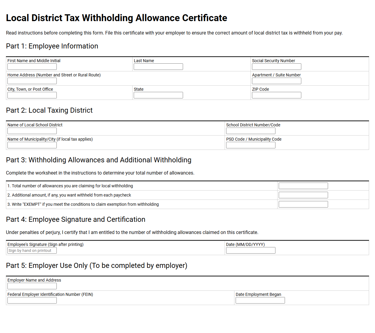 Local District Tax Withholding Allowance Certificate