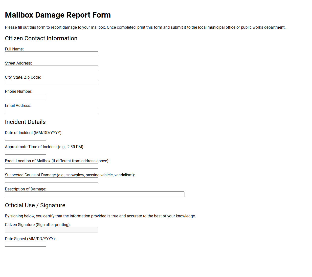 Mailbox Damage Report Form for Citizens
