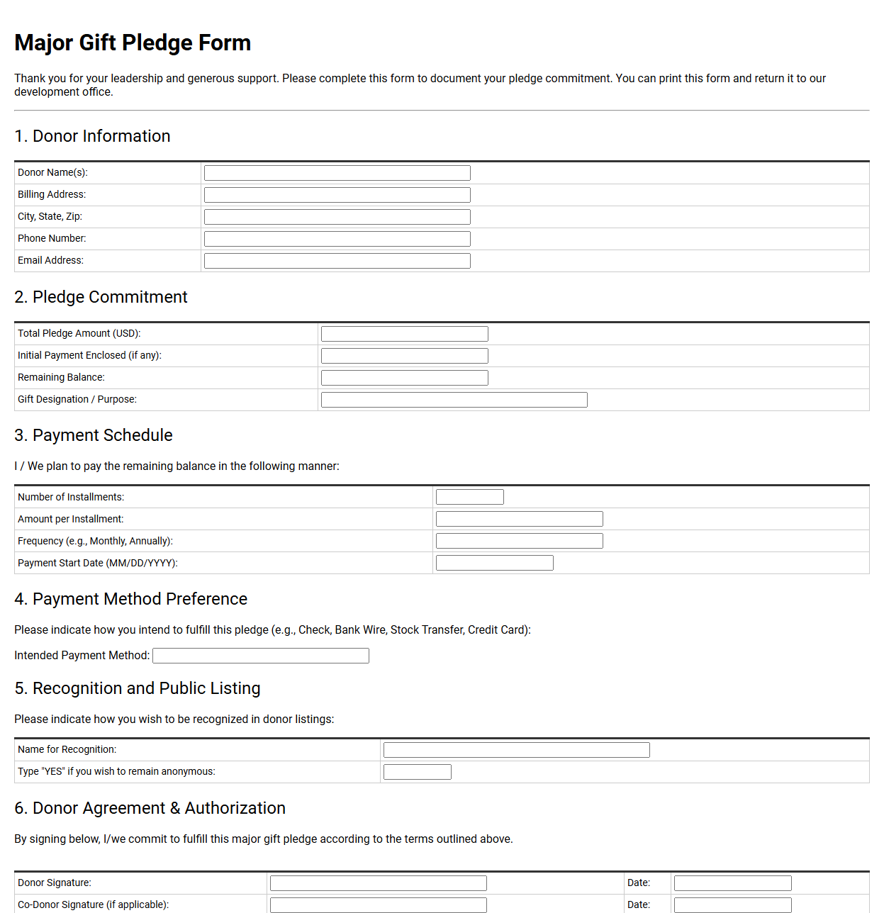 Major Gift Pledge Form Template