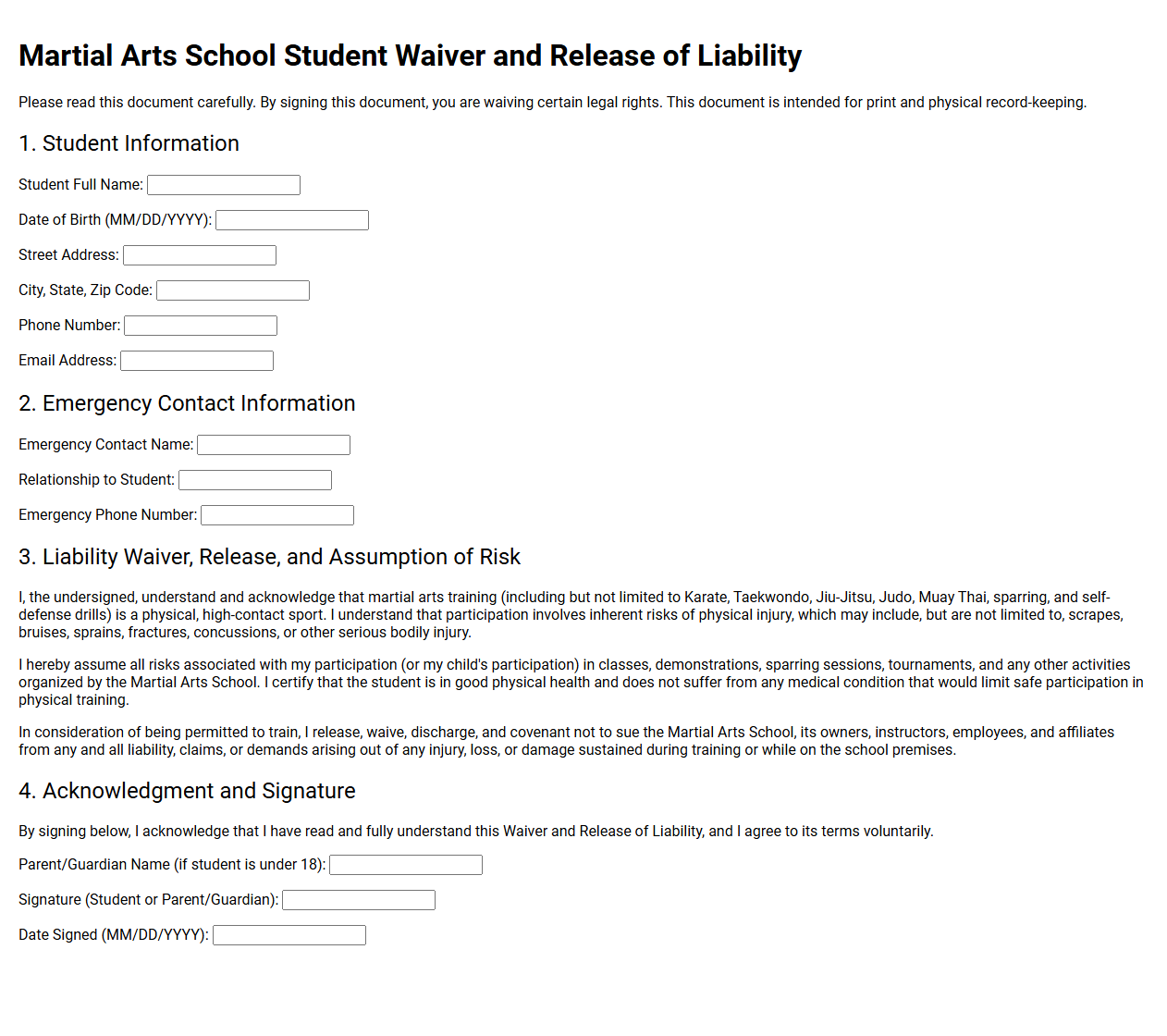 Martial Arts School Student Waiver Document