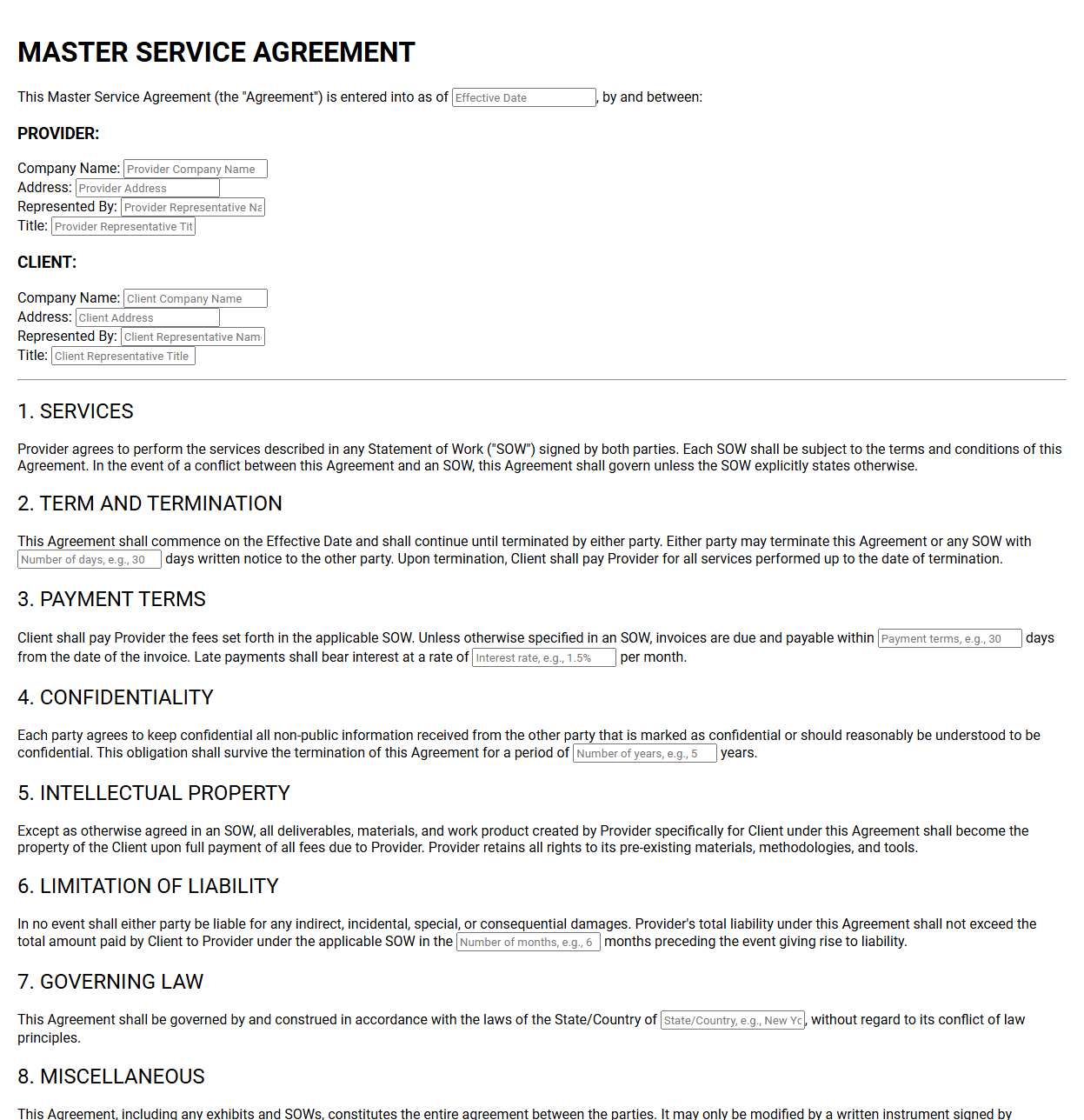 Master Service Agreement Template