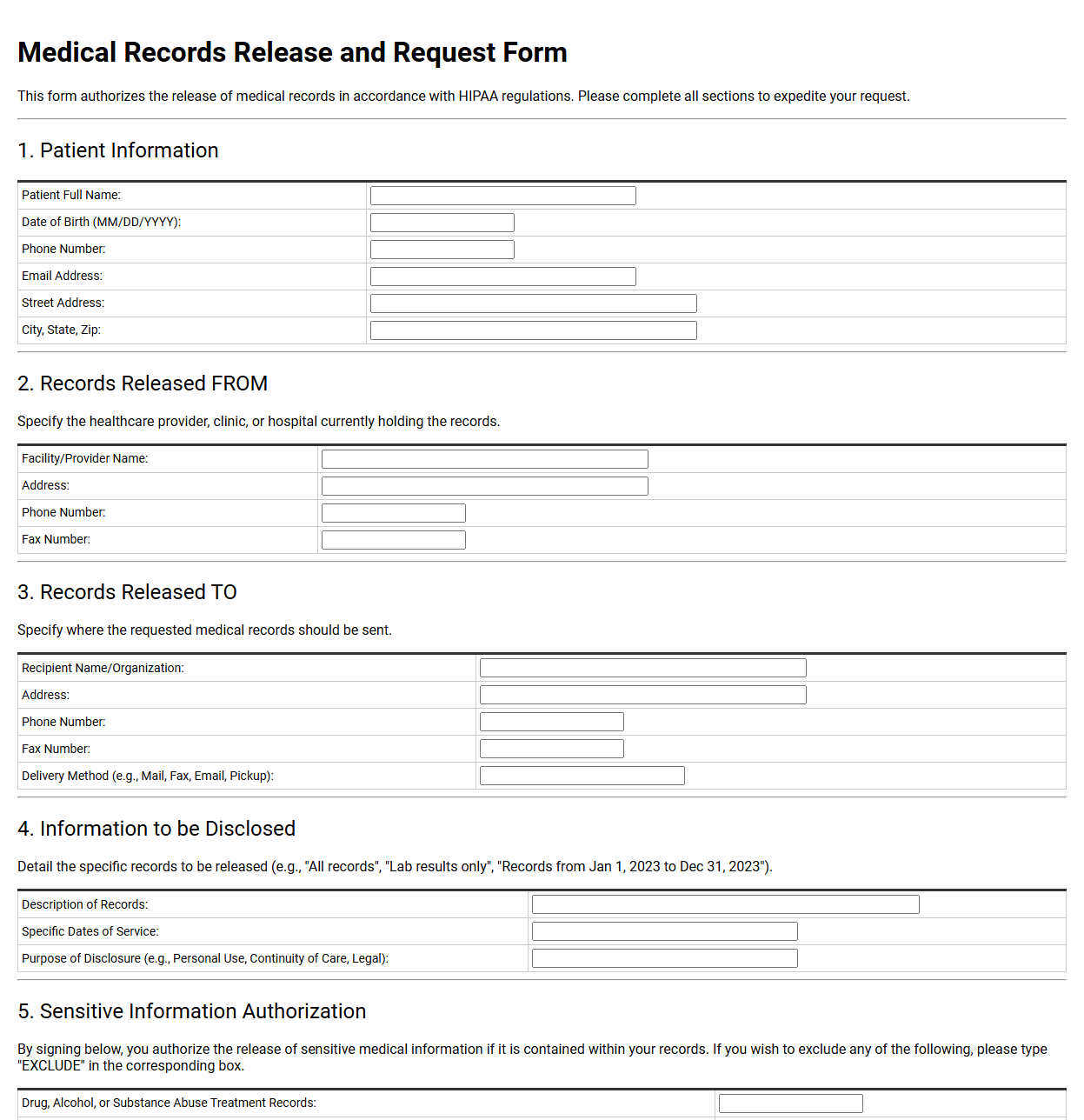 Medical Records Release and Request Template