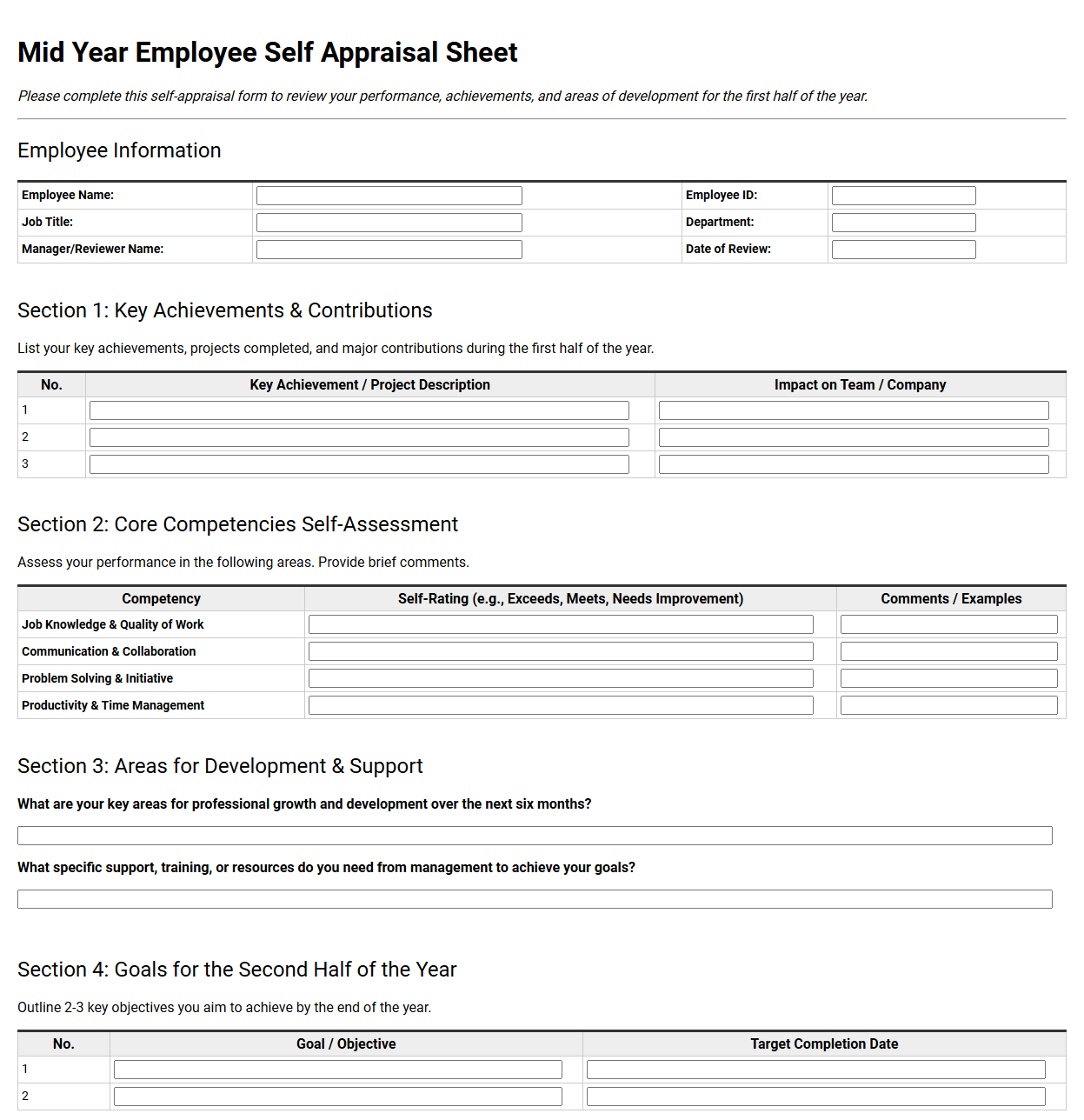 Mid Year Employee Self Appraisal Sheet