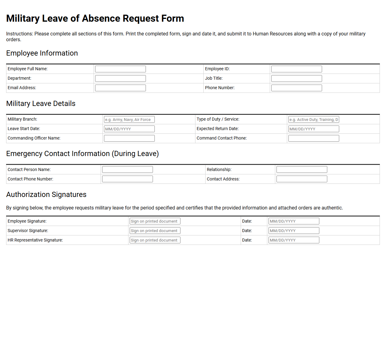 Military Leave of Absence Request Form