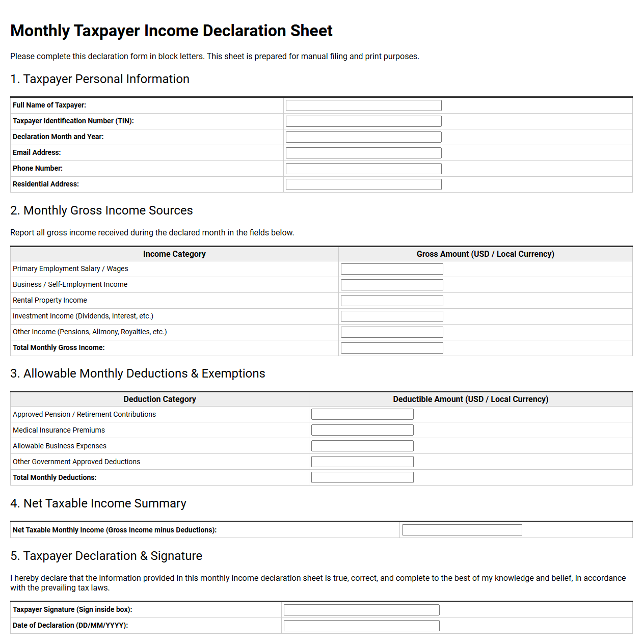 Monthly Taxpayer Income Declaration Sheet