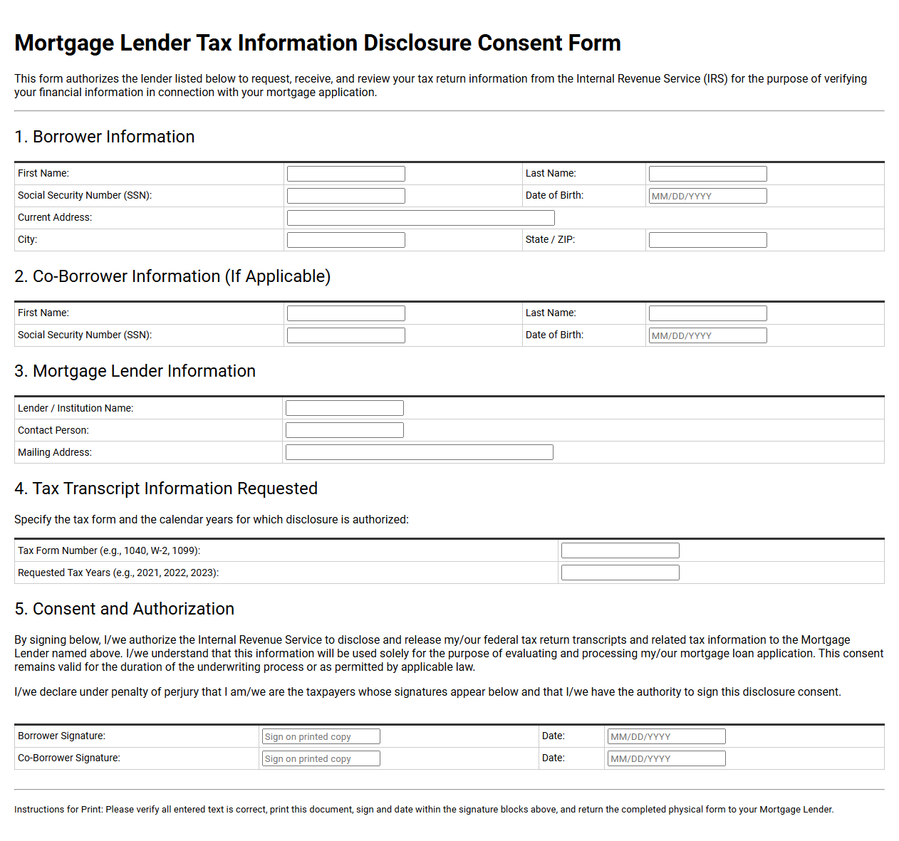 Mortgage Lender Tax Information Disclosure Consent Form