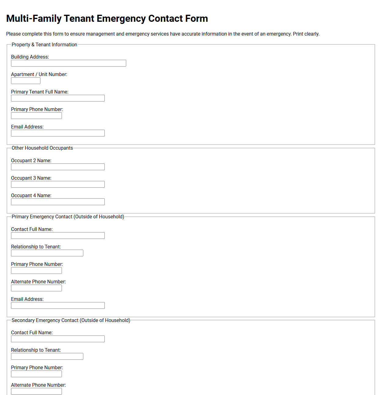 Multi Family Tenant Emergency Contact Form