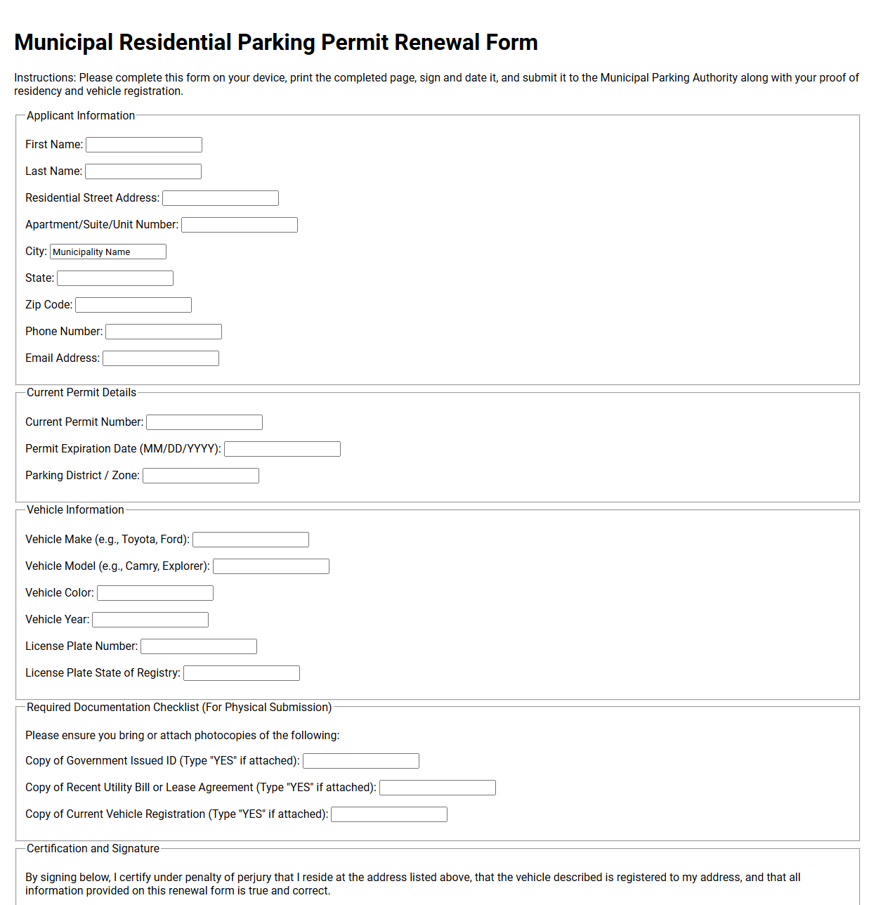 Municipal Residential Parking Permit Renewal Form