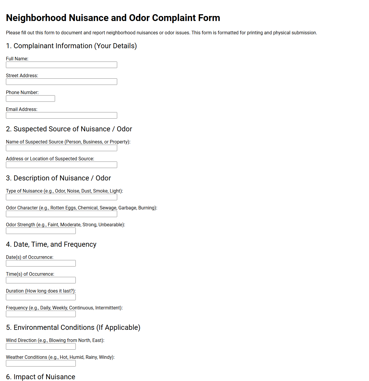 Neighborhood Nuisance and Odor Complaint Form