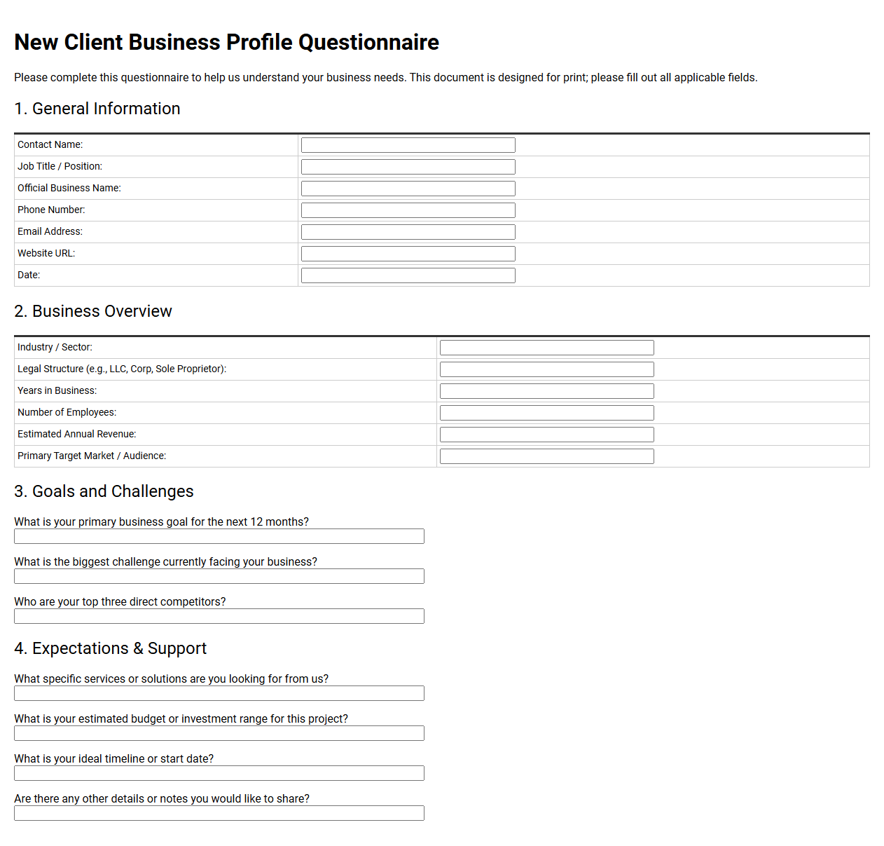 New Client Business Profile Questionnaire