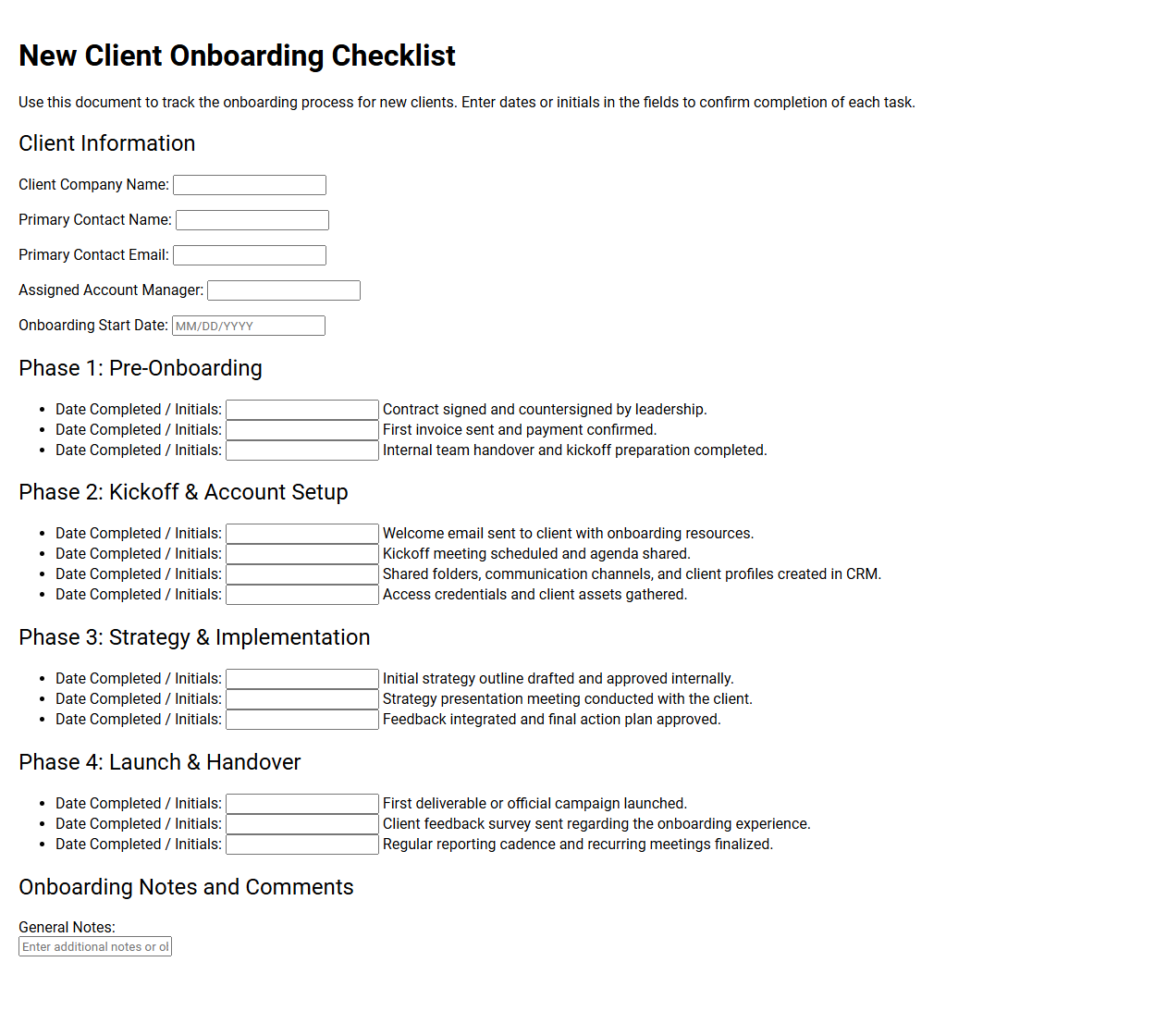 New Client Onboarding Checklist Document