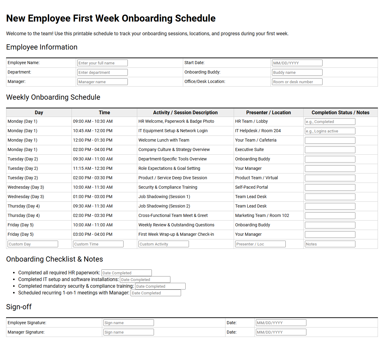 New Employee First Week Onboarding Schedule