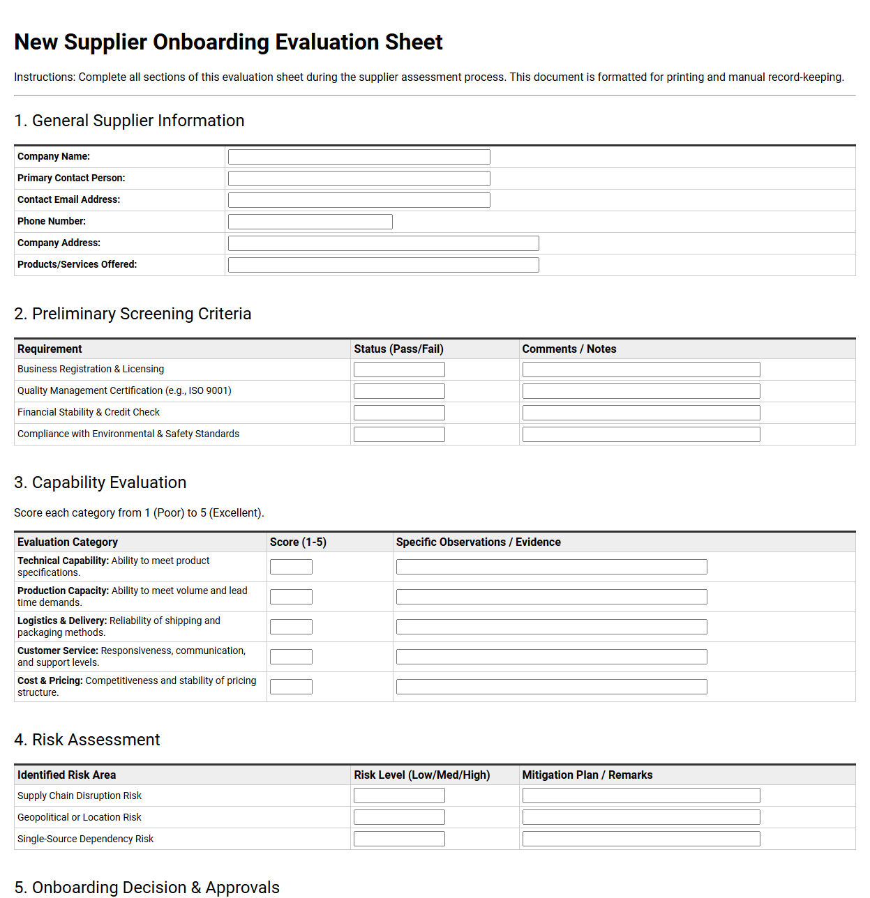 New Supplier Onboarding Evaluation Sheet