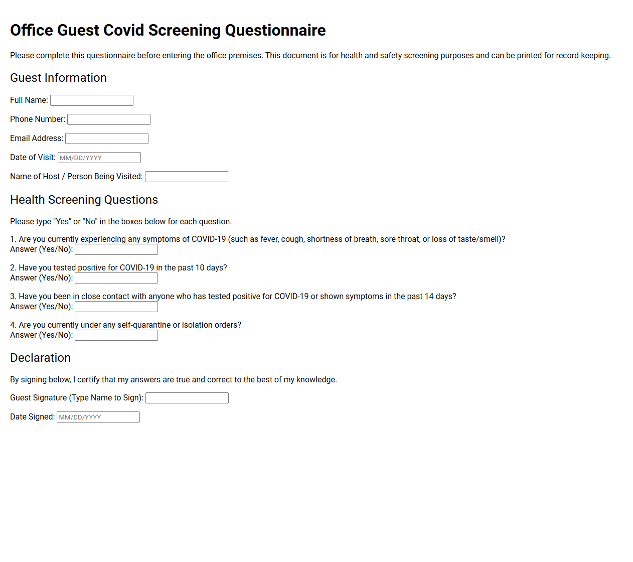 Office Guest Covid Screening Questionnaire