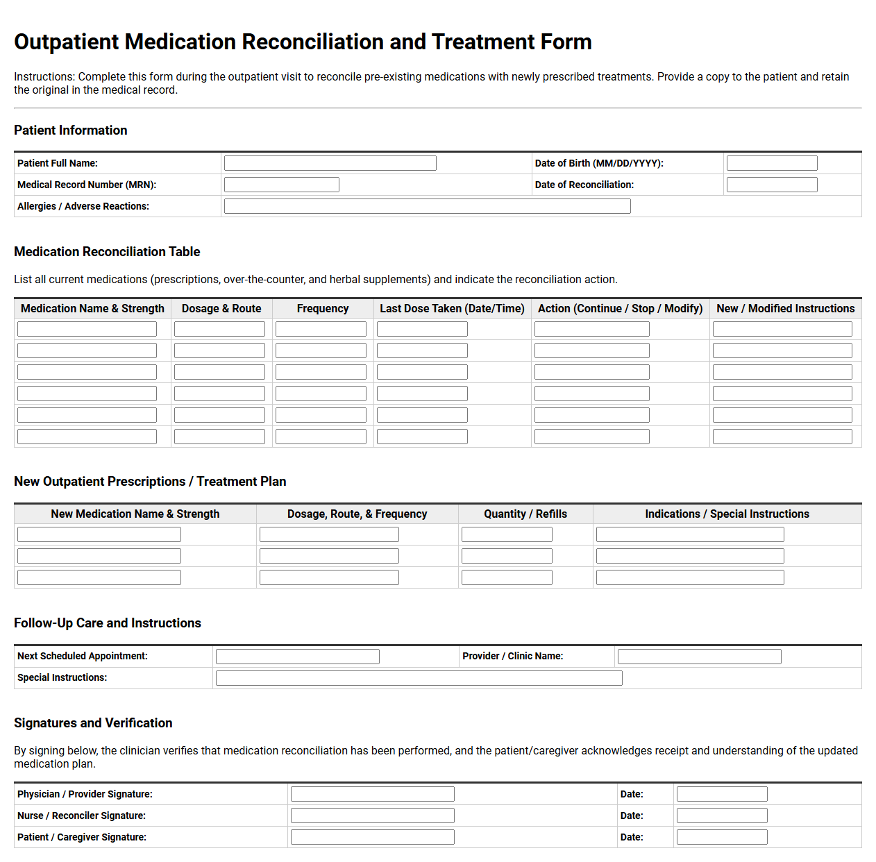 Outpatient Medication Reconciliation and Treatment Form