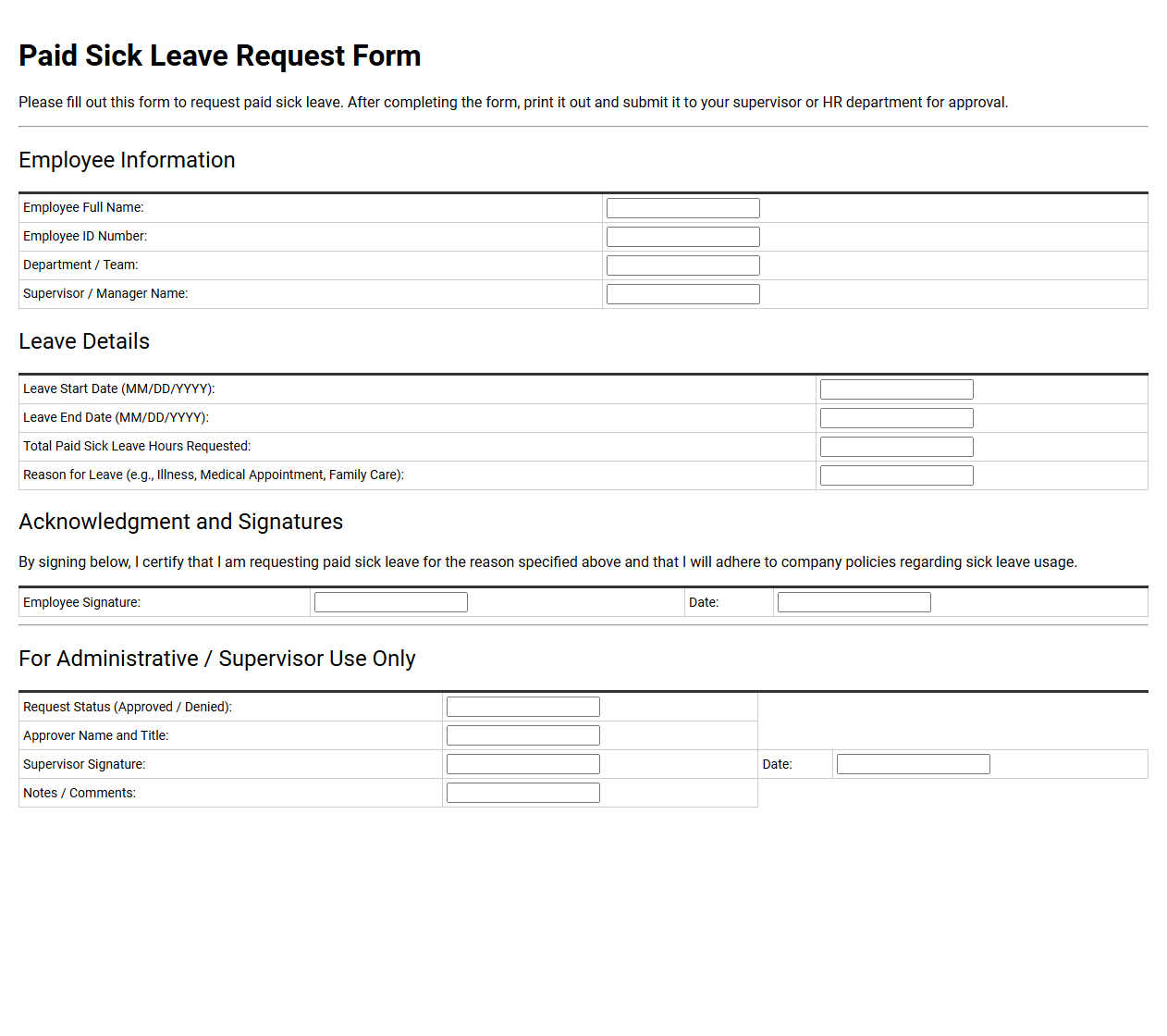 Paid Sick Leave Request Form Template