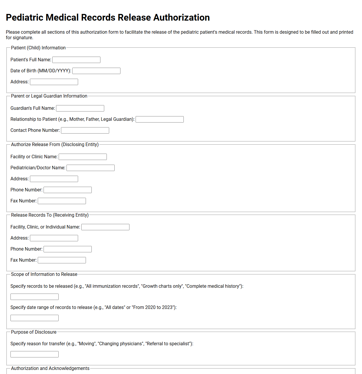 Pediatric Medical Records Release Authorization