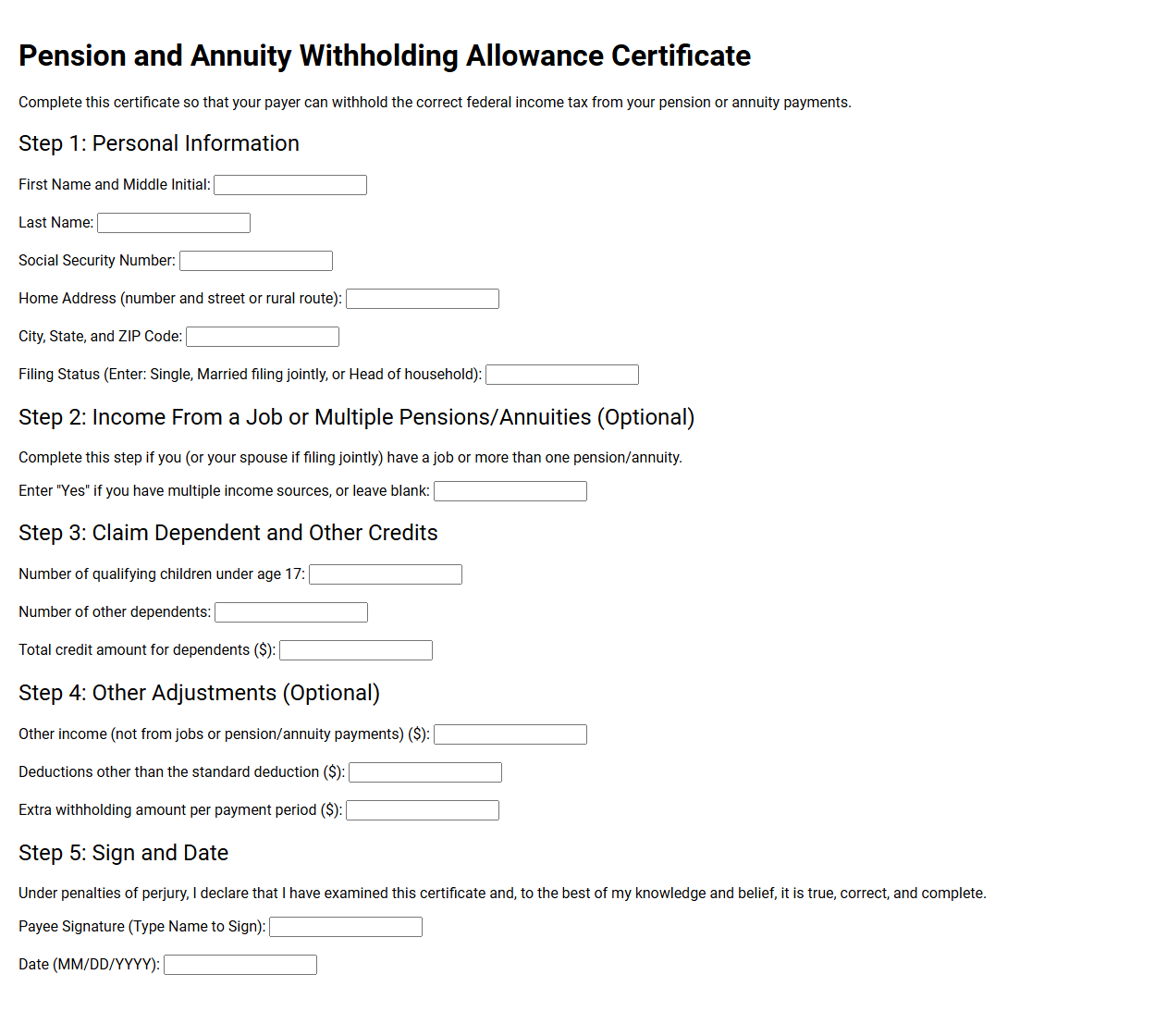 Pension and Annuity Withholding Allowance Certificate