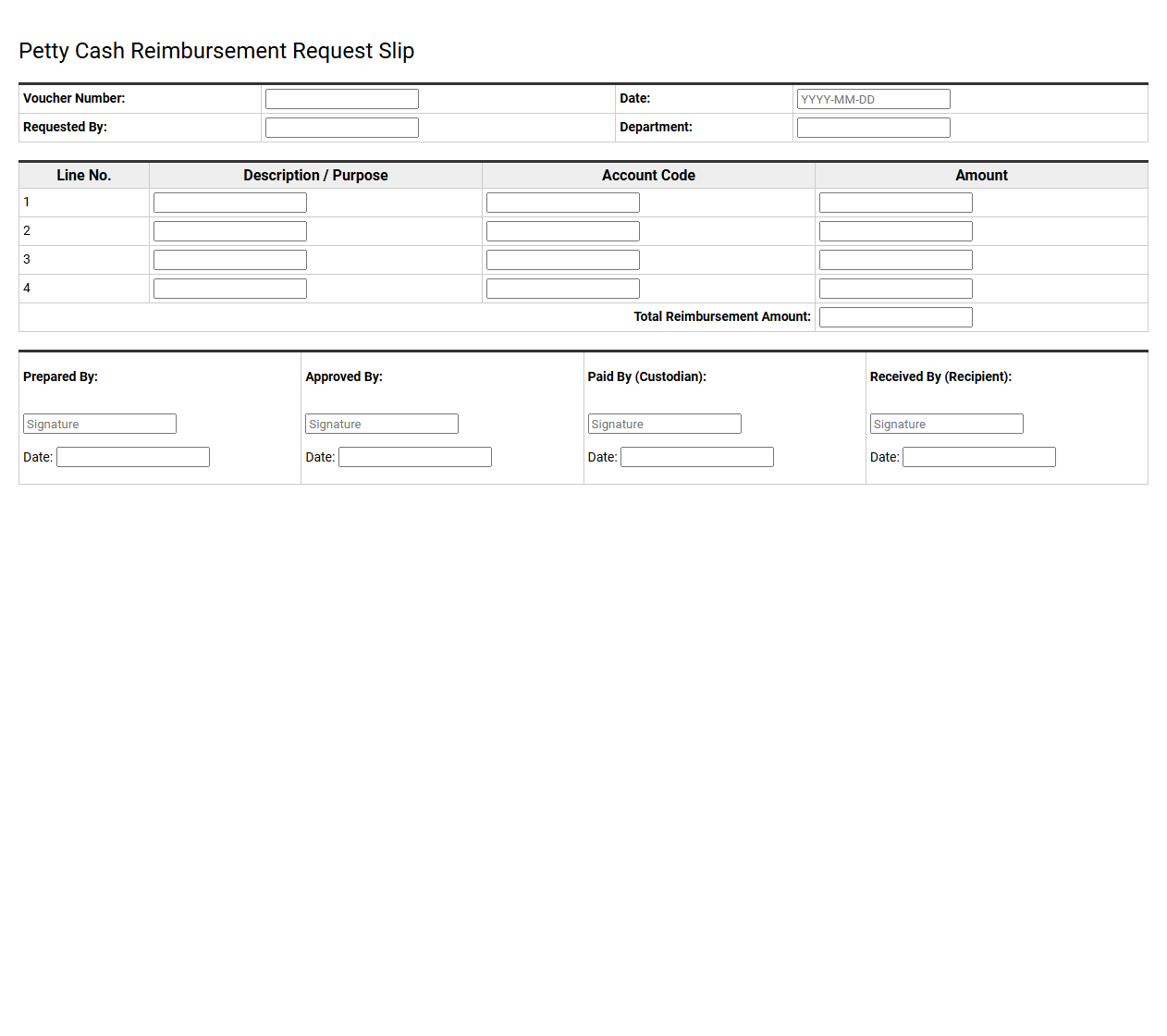 Petty Cash Reimbursement Request Slip