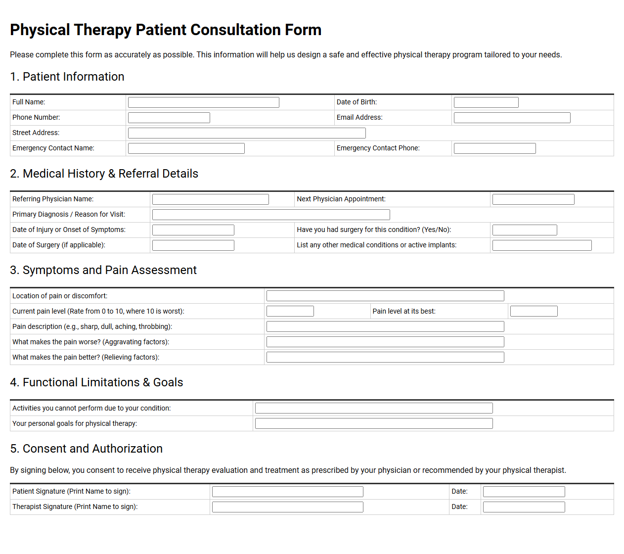 Physical Therapy Patient Consultation Form