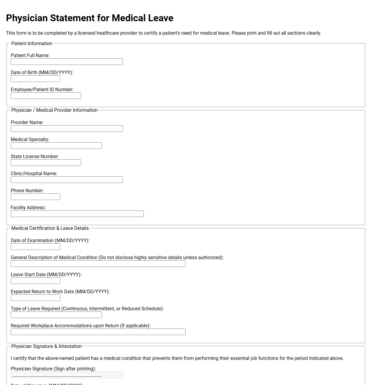Physician Statement for Medical Leave Form