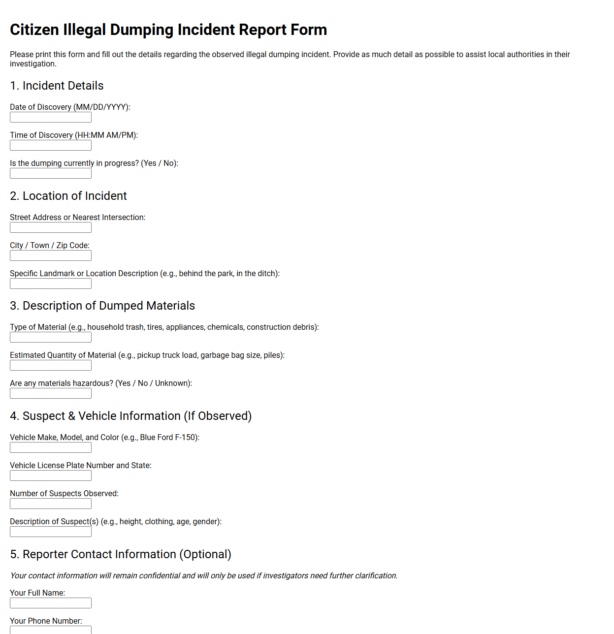 Printable citizen illegal dumping incident report form