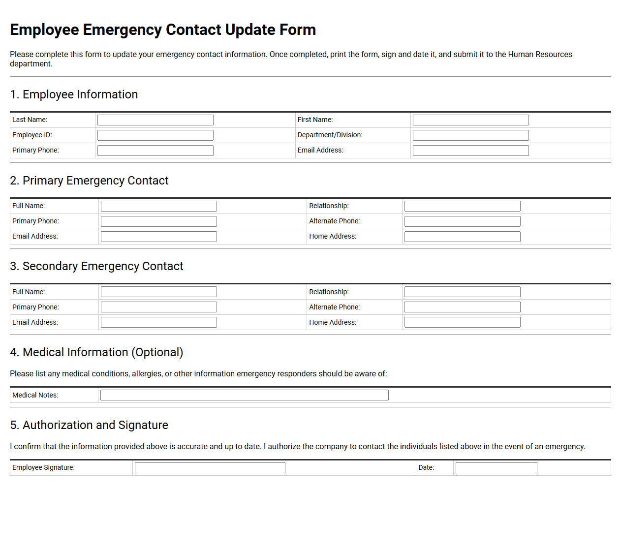Printable Employee Emergency Contact Update Form