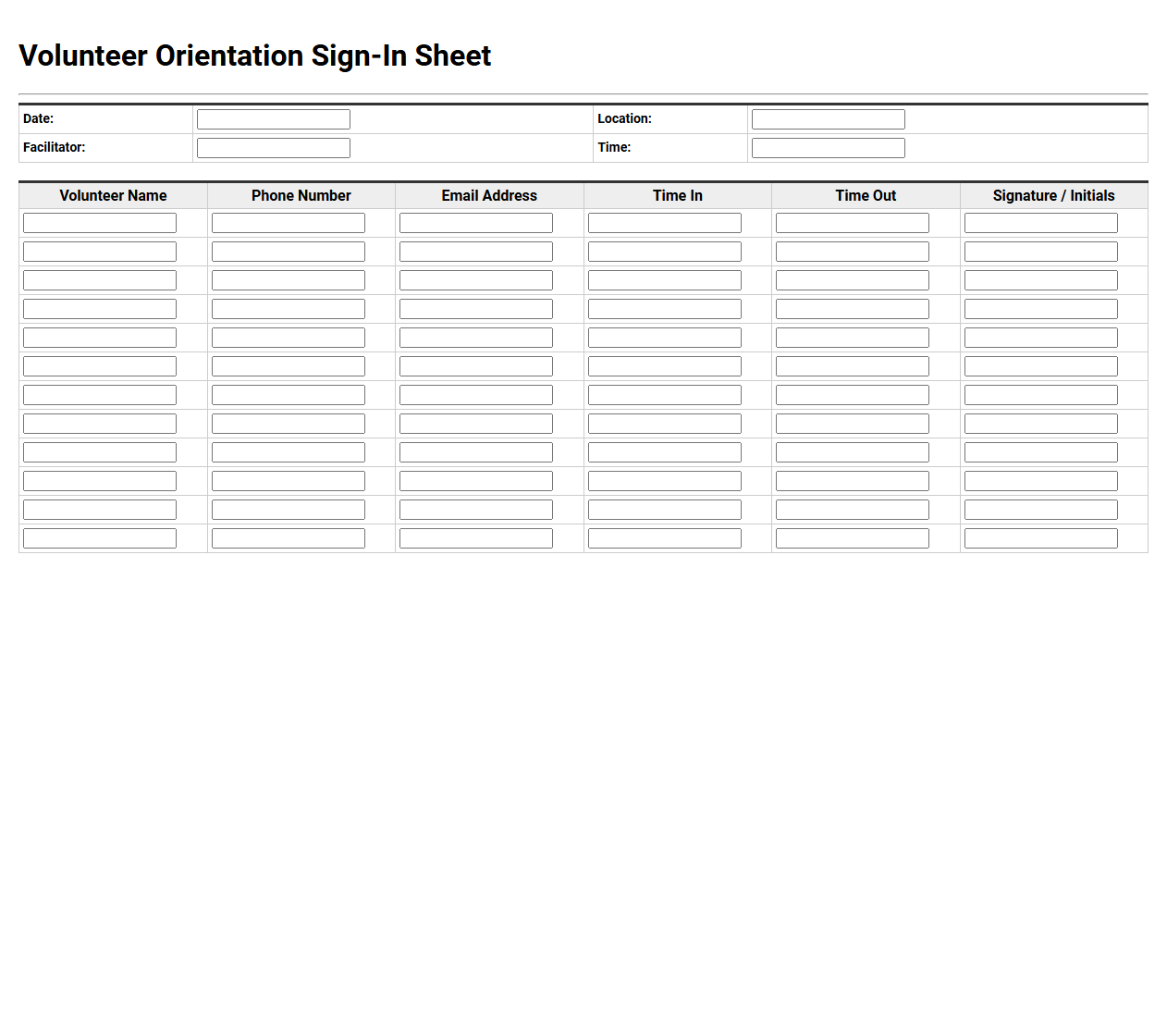 Printable Volunteer Orientation Sign In Sheet