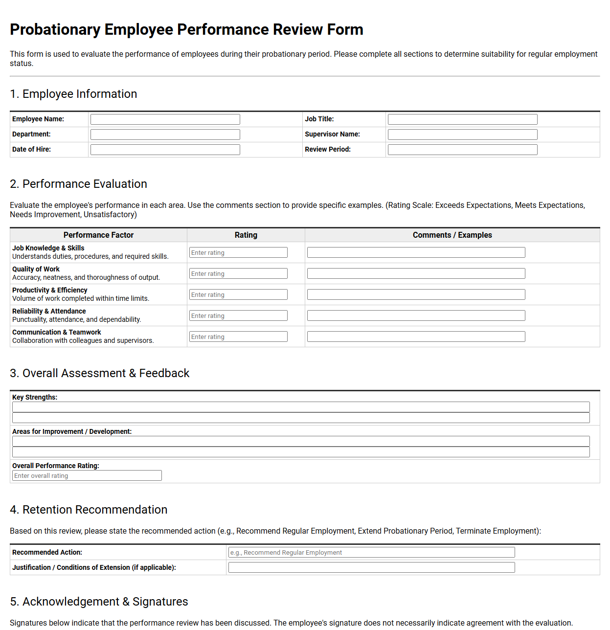 Probationary Employee Performance Review Form