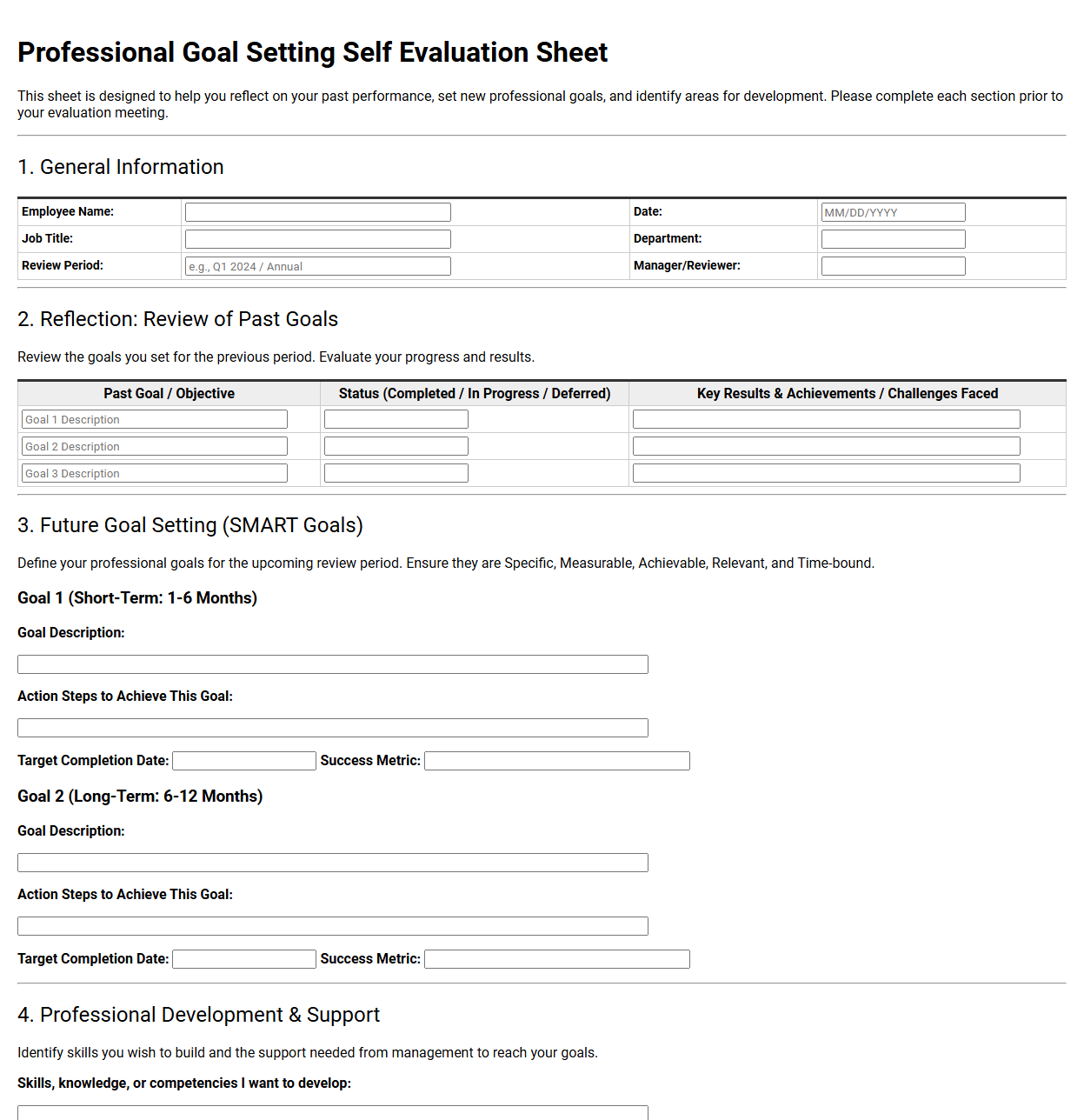 Professional Goal Setting Self Evaluation Sheet