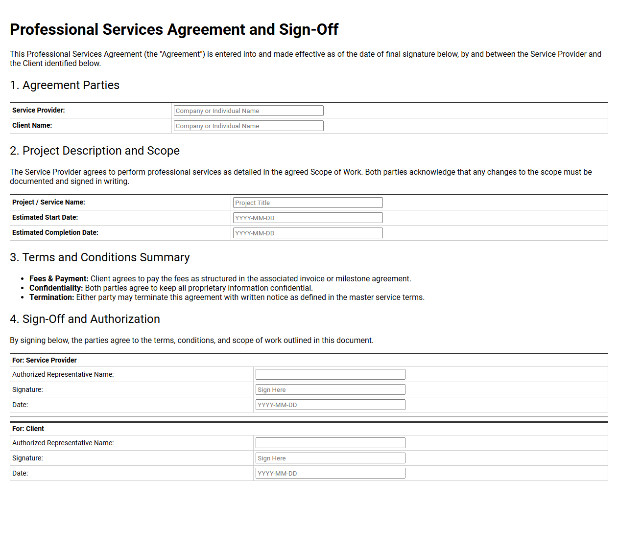 Professional Services Agreement and Sign-Off