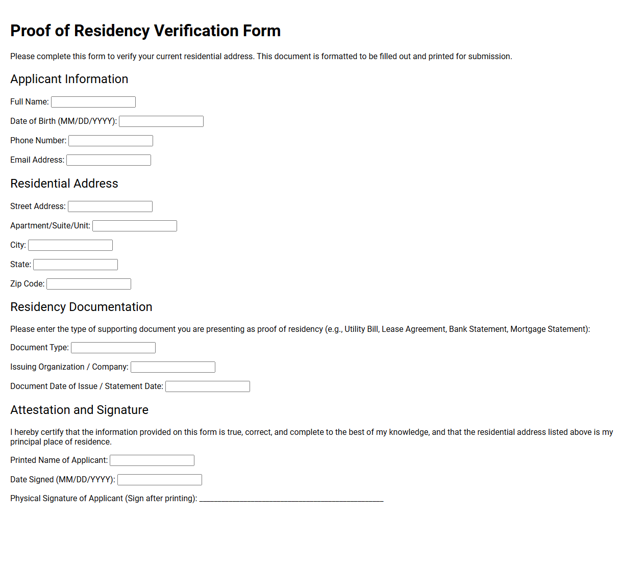 Proof of Residency Verification Form