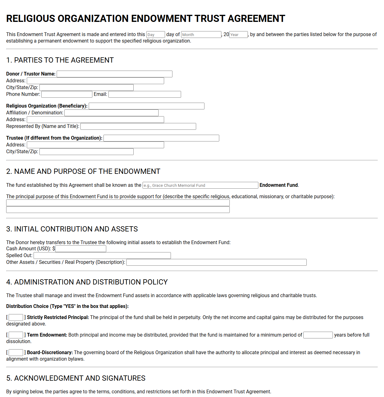Religious Organization Endowment Trust Agreement Form