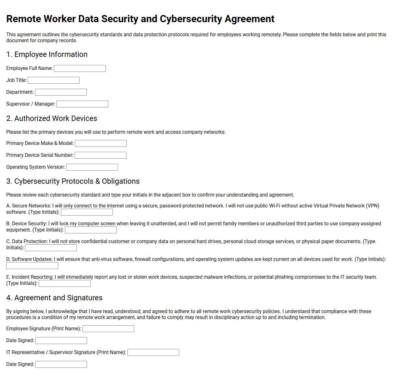Remote Worker Data Security and Cybersecurity Agreement