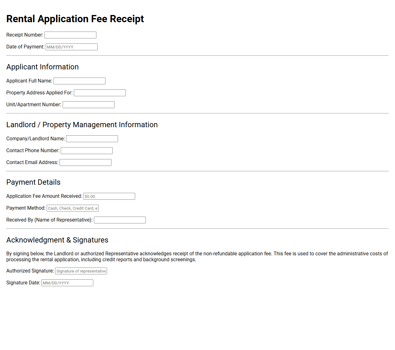 Rental Application Fee Receipt Template
