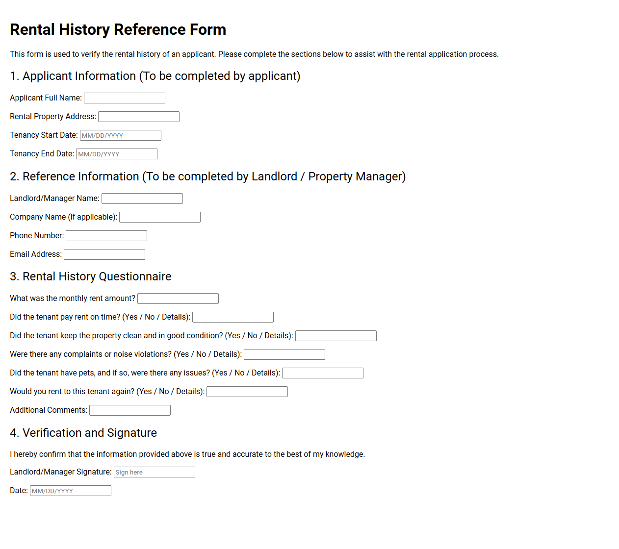 Rental History Reference Form