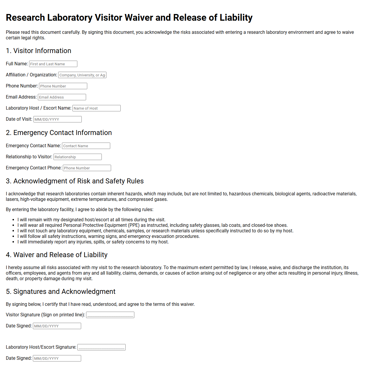 Research Laboratory Visitor Waiver Template