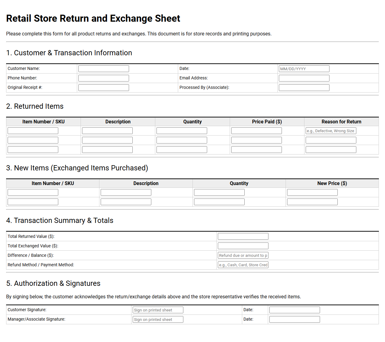 Retail Store Return and Exchange Sheet