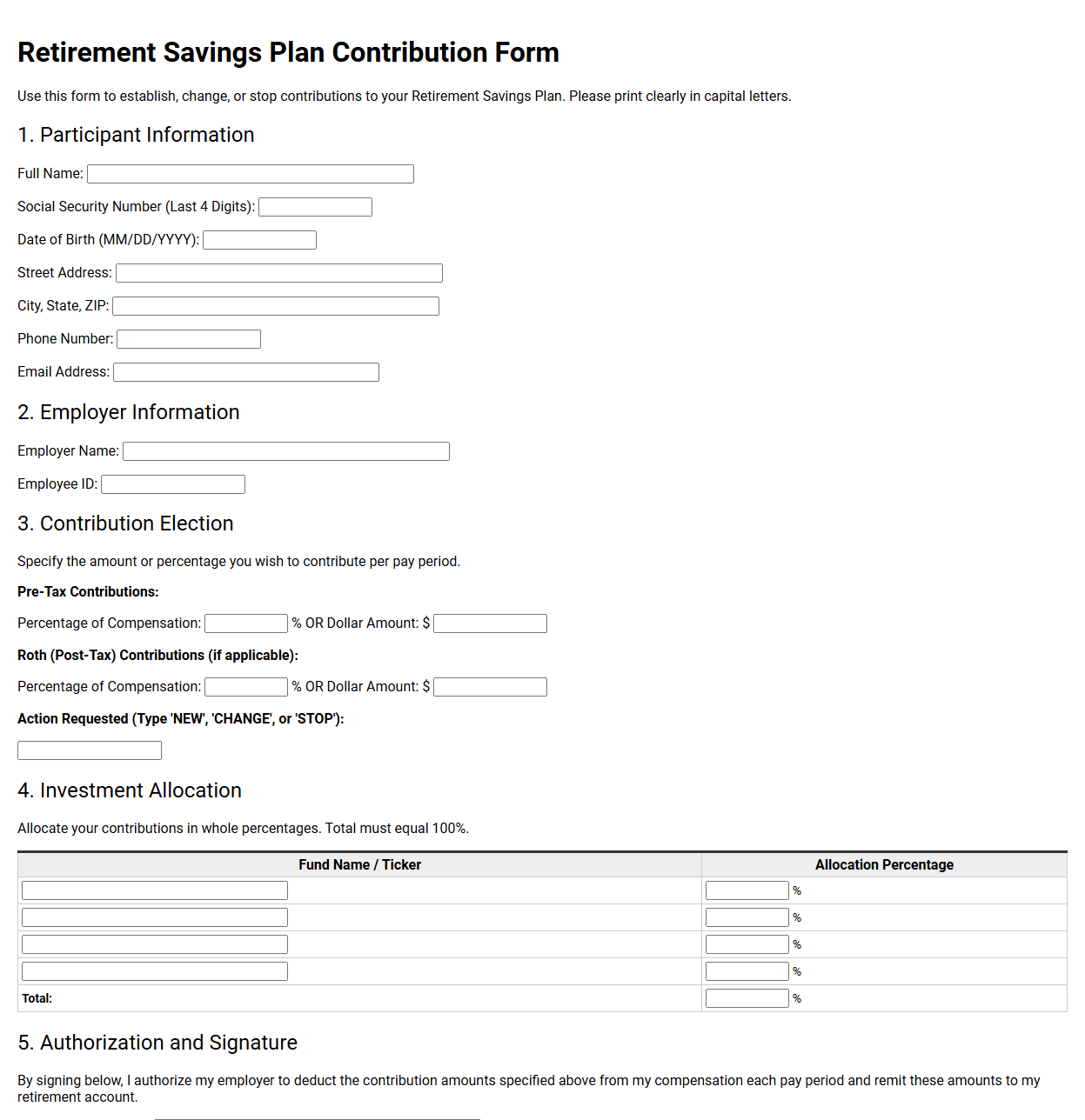 Retirement Savings Plan Contribution Form