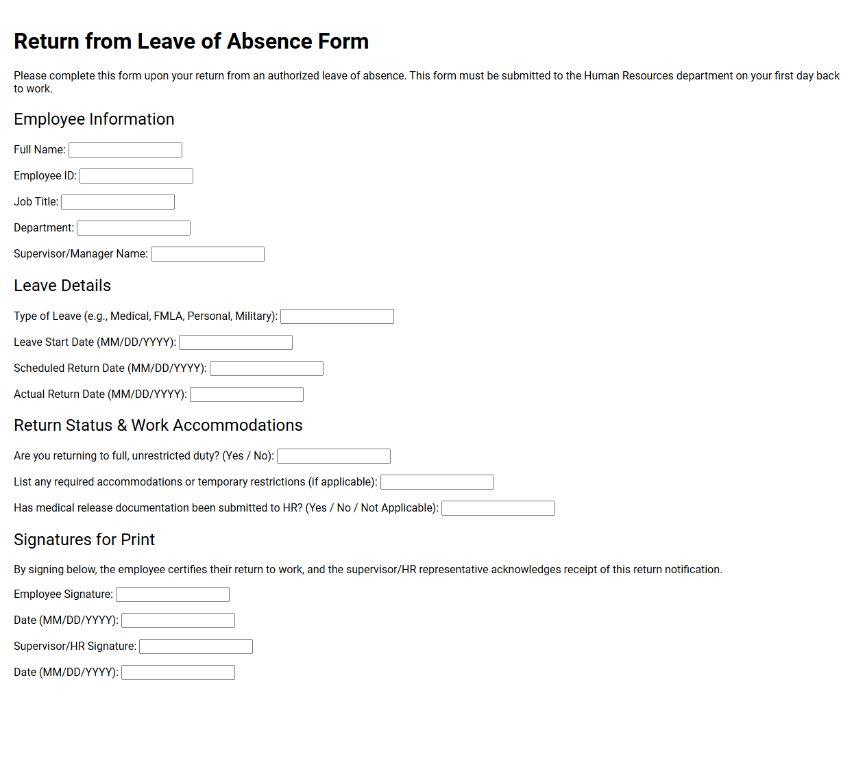 Return from Leave of Absence Form