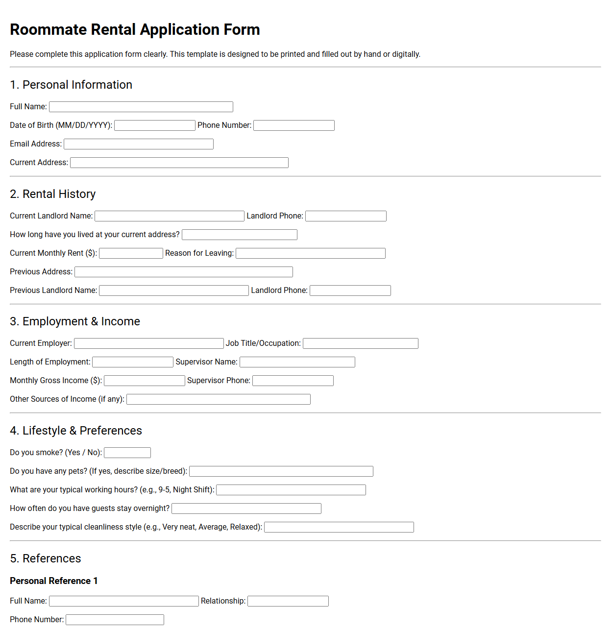 Roommate Rental Application Form Template