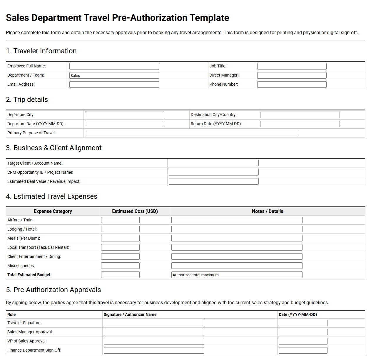 Sales Department Travel Pre-Authorization Template