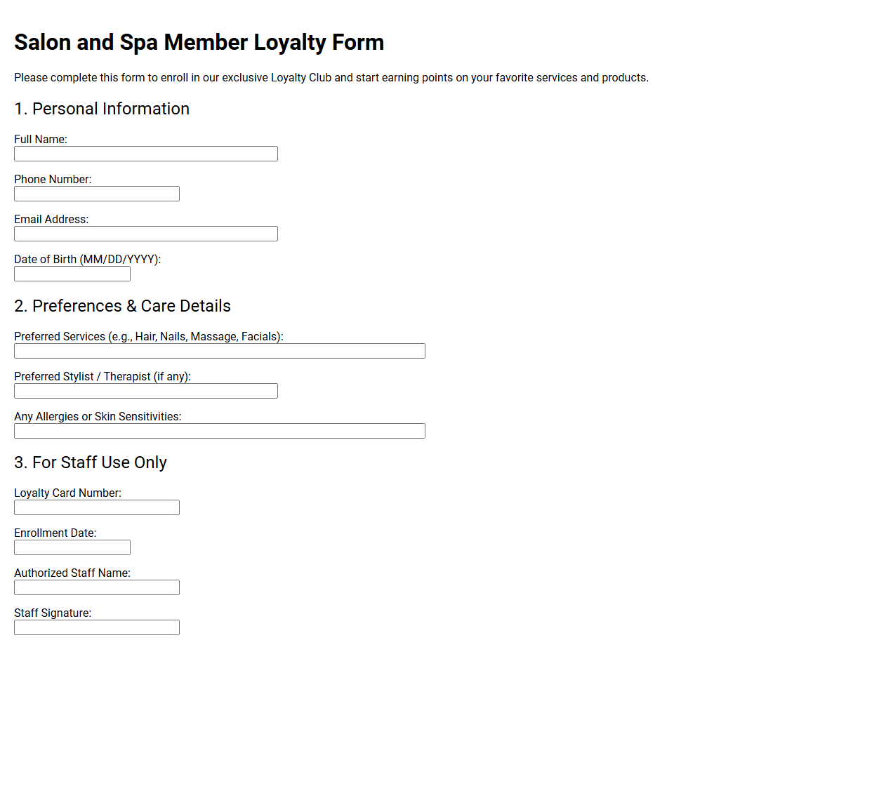 Salon and Spa Member Loyalty Form