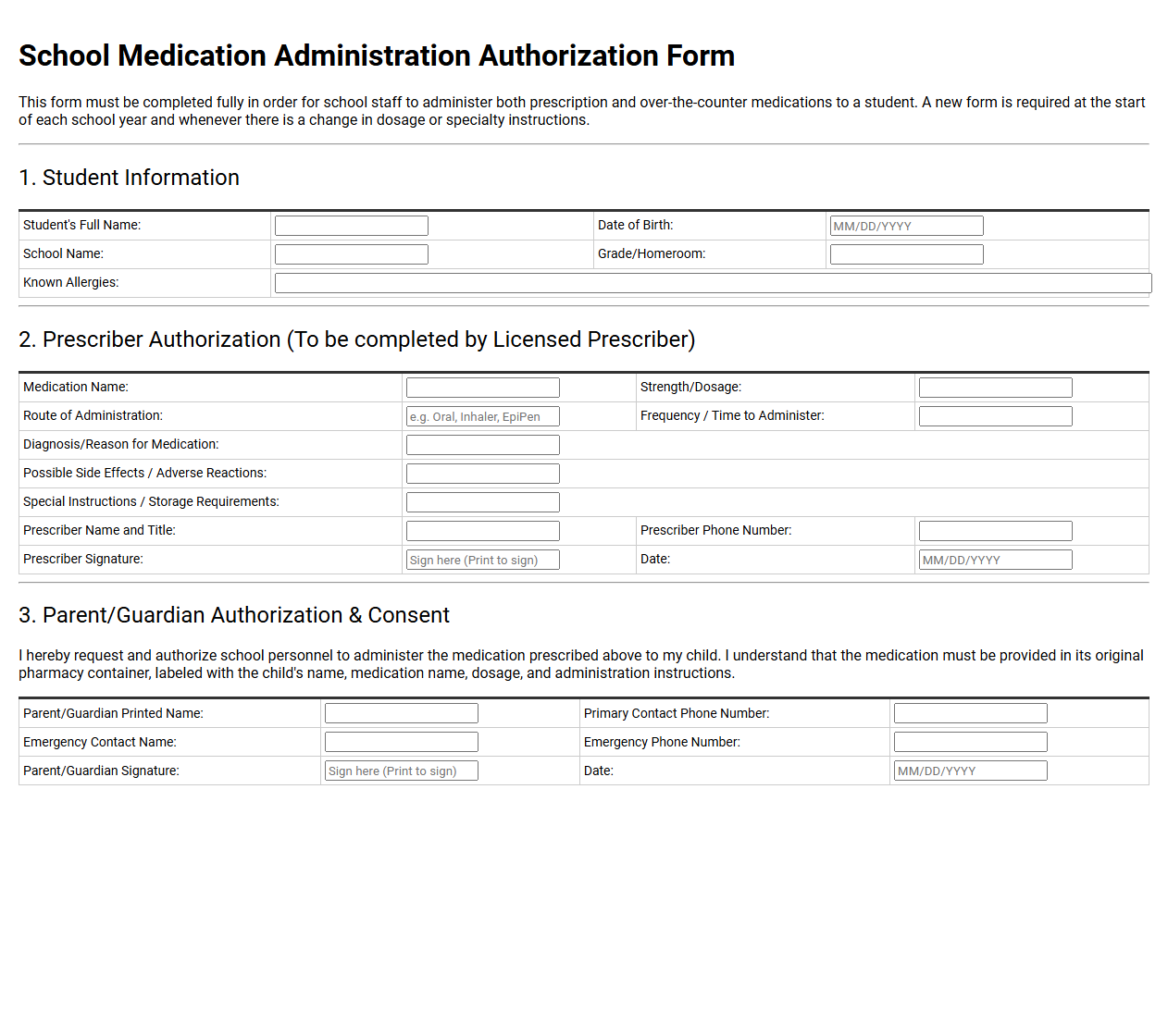 School Medication Administration Authorization Form