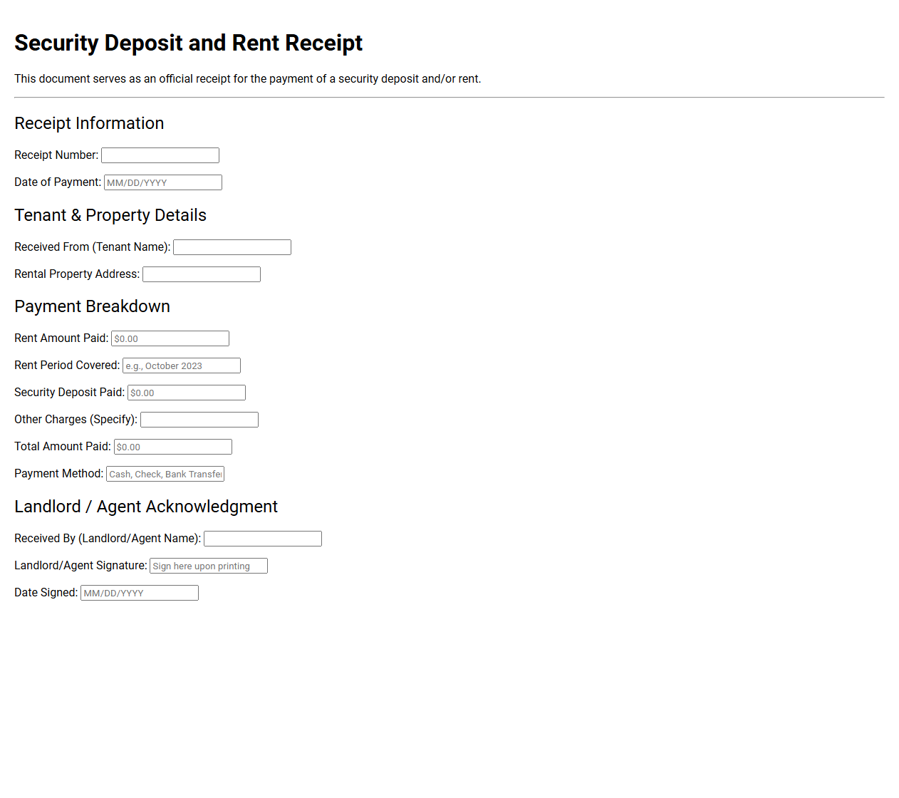Security Deposit and Rent Receipt Form