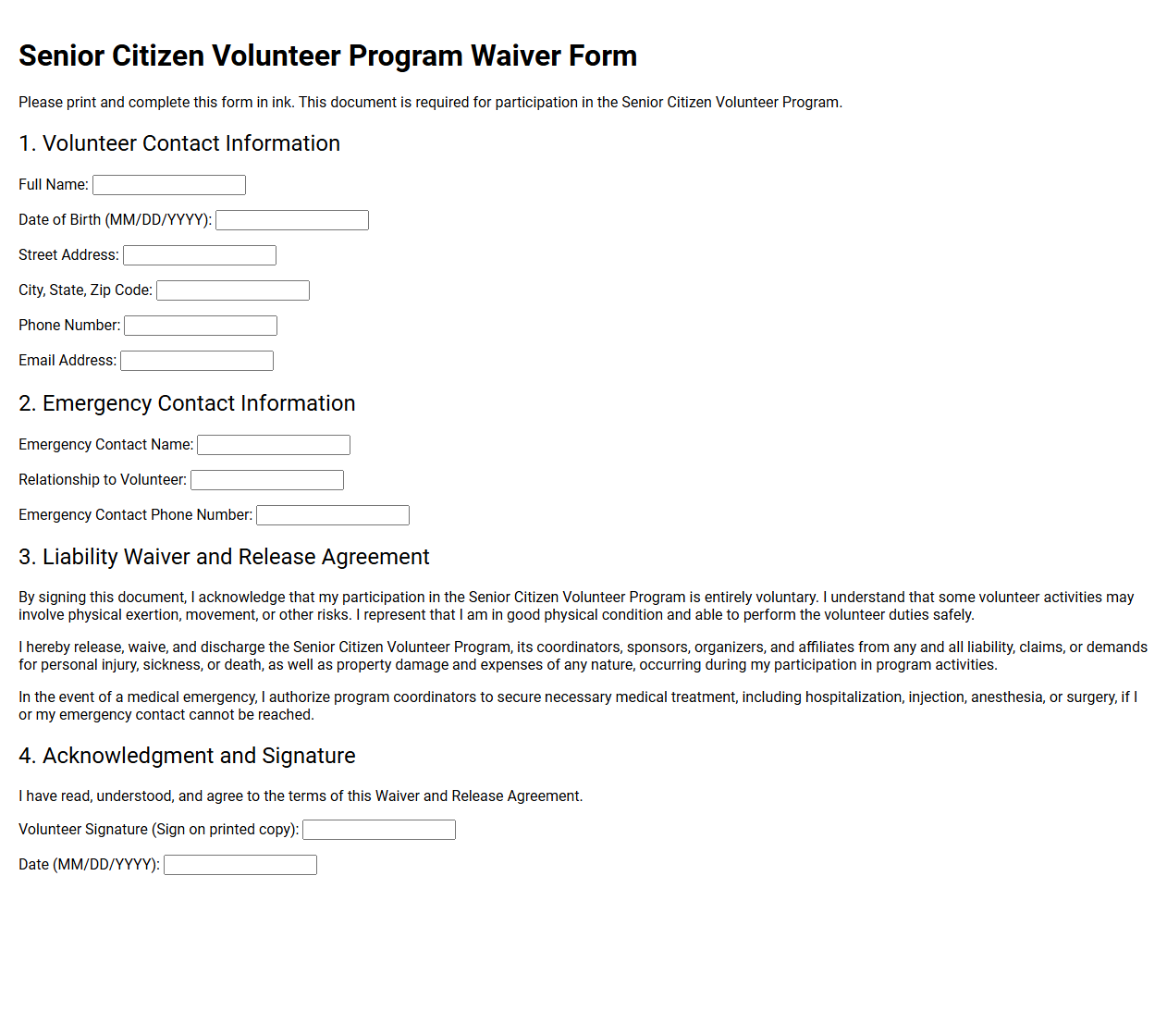 Senior Citizen Volunteer Program Waiver Form