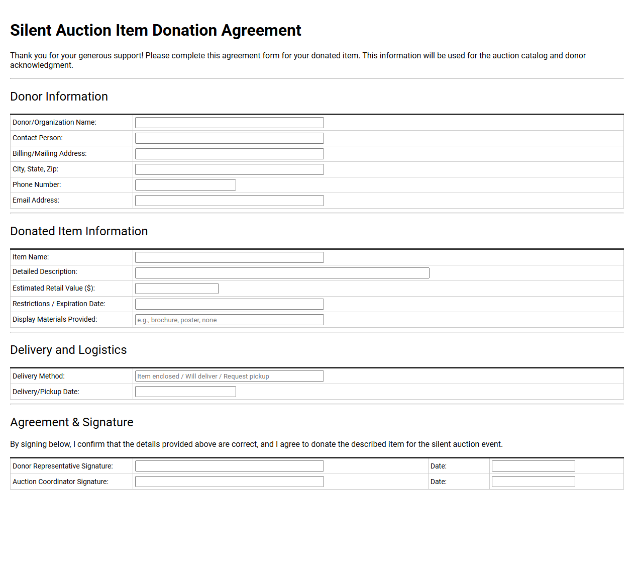 Silent Auction Item Donation Agreement