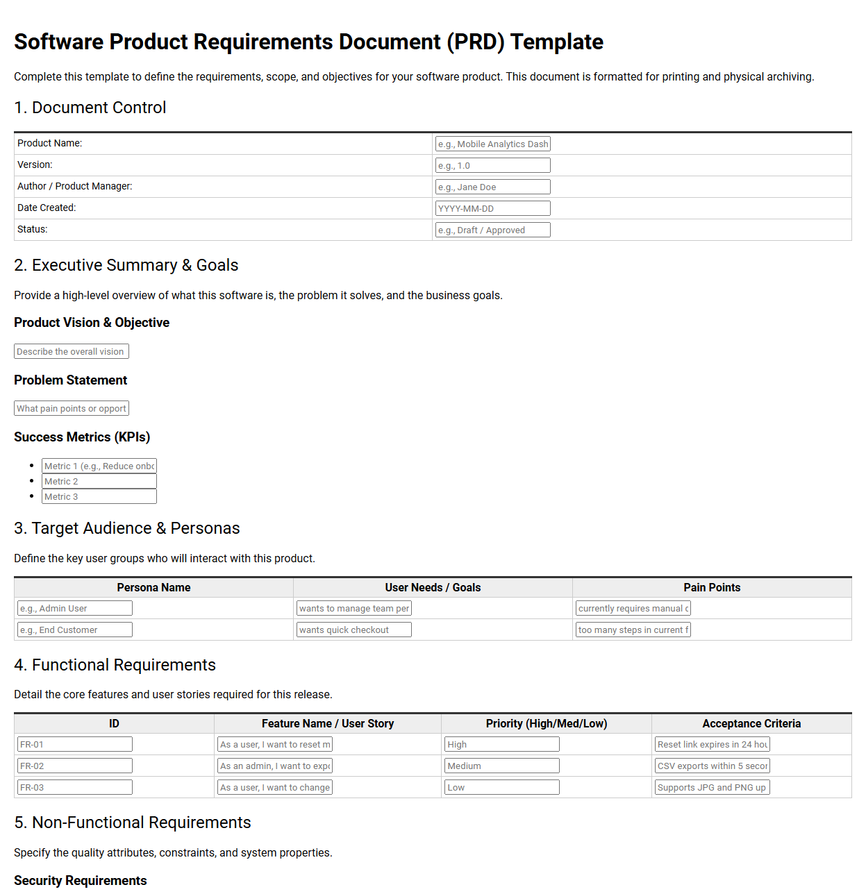 Software Product Requirements Document Template