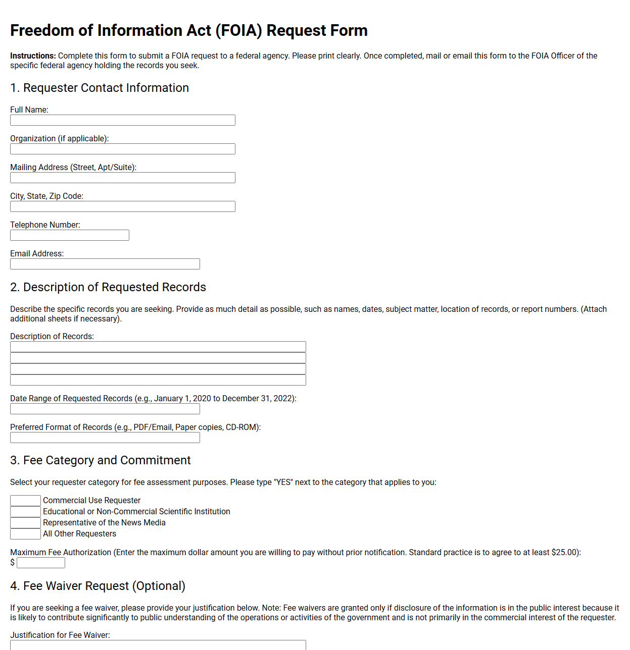 Standard Federal FOIA Request Form Template